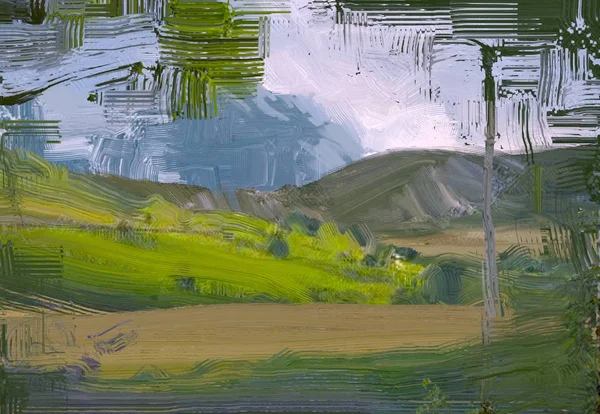 Illustration Peinture Huile Paysage Art Région Montagneuse Rurale Champ Vert — Photo