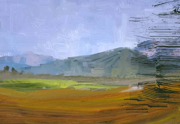 Illustrazione Pittura Olio Arte Paesaggistica Regione Rurale Montagna Campo Verde — Foto Stock