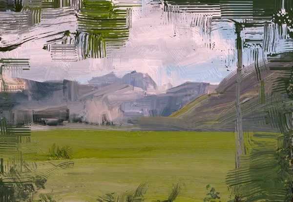 Иллюстрация Живопись Маслом Сельская Горная Область Цветные Зеленые Поля Трава — стоковое фото