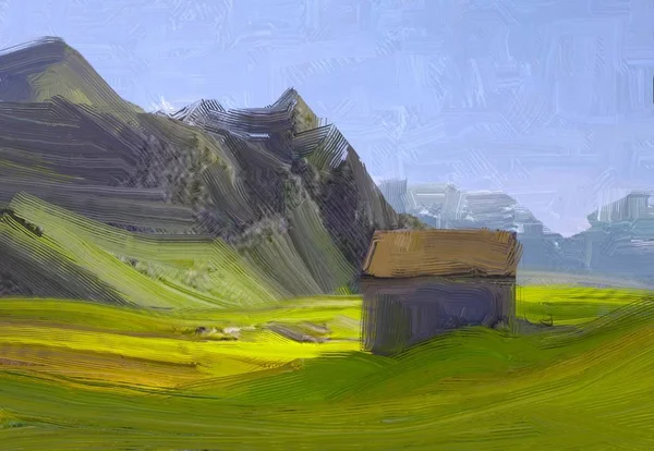 Illustrazione Pittura Olio Arte Paesaggistica Regione Rurale Montagna Campo Verde — Foto Stock