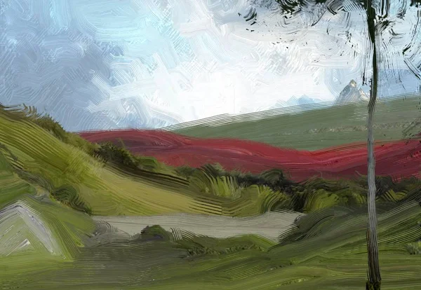 Colorato Campo Campagna Verde Erba Ora Legale Illustrazione Pittura Olio — Foto Stock