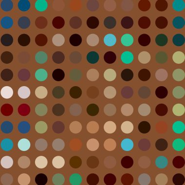 Mavi arka plan üzerinde parlak birden fazla renk rasgele daireler ile Ditsy vektör polka nokta deseni. Vintage 1960'ların moda stilinde dikişsiz doku. Yuvarlak şekilli modern hipster tasarımı