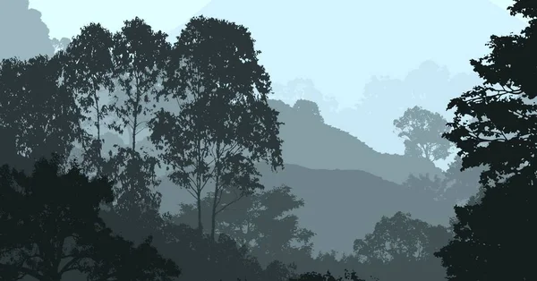 霧の森の木と抽象的なシルエットの背景 — ストック写真