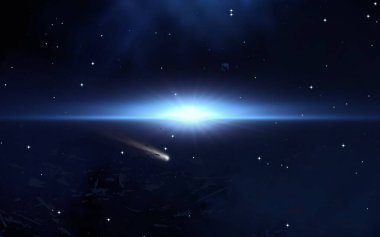 2D çizim. Derin geniş uzay. Parlak yıldızlar, gezegenler, uydular. Çeşitli bilim kurgu yaratıcı arka planlar. Uzay sanatı. Uzaylı güneş sistemleri. Uzaktan. Gerçekçi arka plan derin evren.