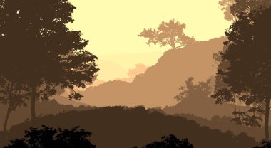 sisli tepeler ve ağaçlar ile soyut siluetli arka plan