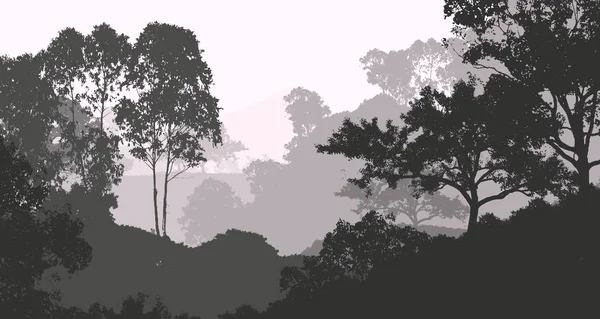Fond Abstrait Silhouette Avec Collines Brumeuses Bois — Photo