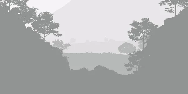 Abstract Silhouetted Background Foggy Hills Trees — Stock Photo, Image