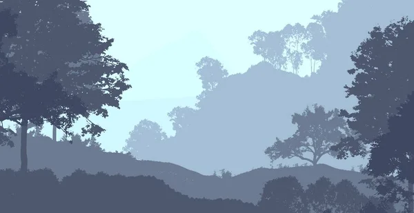 霧の丘や木々と抽象的なシルエットの背景 — ストック写真