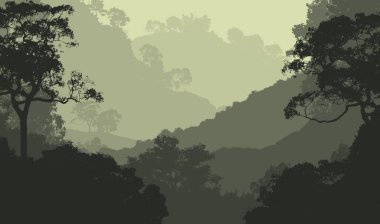 sisli tepeler ve ağaçlar ile soyut siluetli arka plan