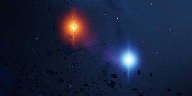 2D çizim. Derin geniş uzay. Parlak yıldızlar, gezegenler, uydular. Çeşitli bilim kurgu yaratıcı arka planlar. Uzay sanatı. Uzaylı güneş sistemleri. Uzaktan. Gerçekçi arka plan derin evren.