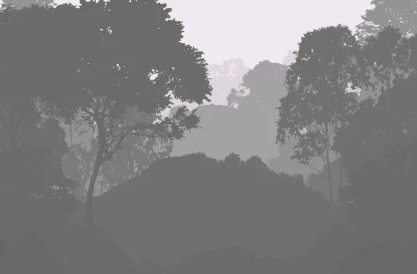 霧の丘や木々と抽象的なシルエットの背景 — ストック写真