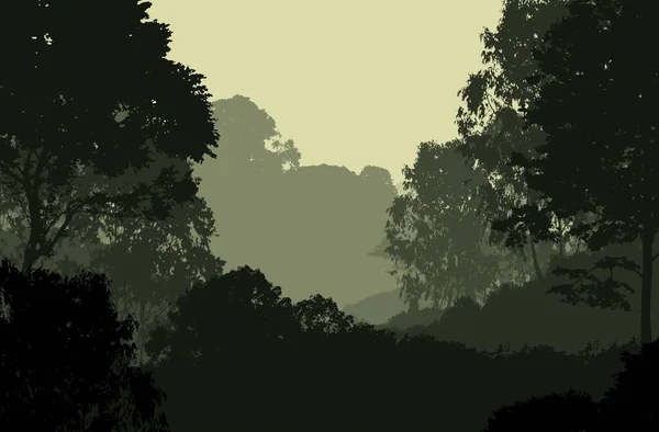 Abstraktně Siluetované Pozadí Mlhavé Kopce Stromy — Stock fotografie