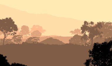 sisli tepeler ve ağaçların soyut siluetleri