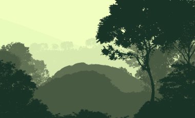 sisli tepeler ve ağaçların soyut siluetleri