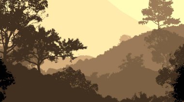 sisli tepeler ve ağaçların soyut siluetleri