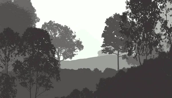 abstract landscape of misty mountains and forest trees silhouettes