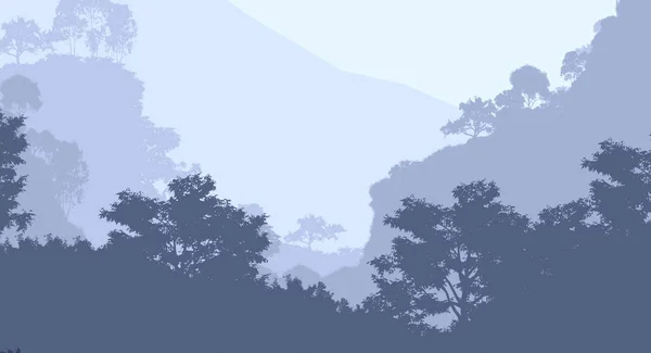 Ködös Hegyek Erdei Fák Sziluett Tájképe — Stock Fotó