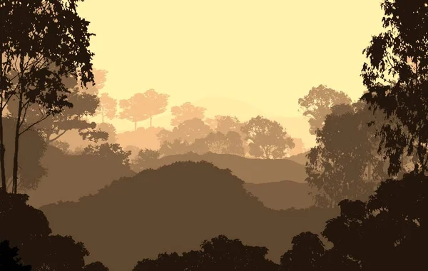 Abstrakcyjny Krajobraz Mglistych Gór Drzew Leśnych Sylwetki — Zdjęcie stockowe
