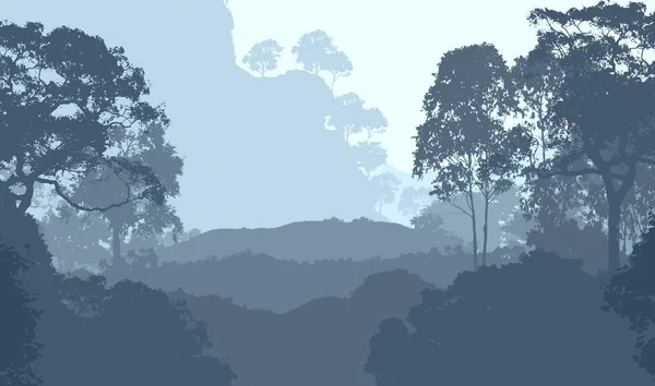 薄雾山和森林树木剪影的抽象景观 — 图库照片
