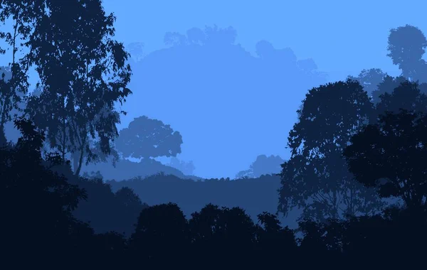 Abstrakti Maisema Usvainen Vuoret Metsäpuiden Siluetteja — kuvapankkivalokuva