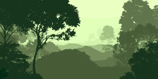 abstract landscape of misty mountains and forest trees silhouettes