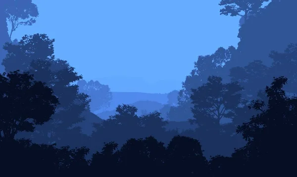 薄雾山和森林树木剪影的抽象景观 — 图库照片