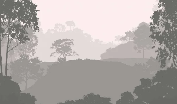 abstract landscape of misty mountains and forest trees silhouettes