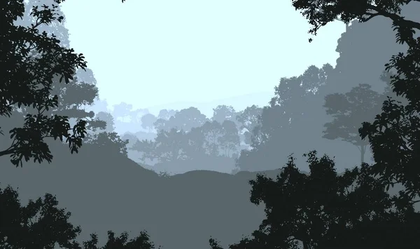 Abstract Silhouettes Misty Hills Trees — Stock Photo, Image