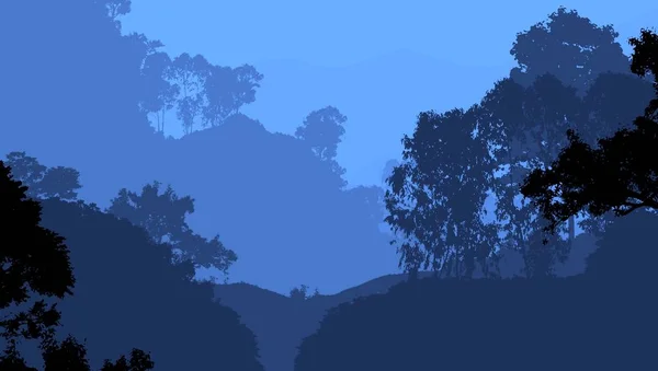 薄雾山和树木的抽象剪影 — 图库照片