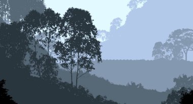 sisli orman ağaçları ile soyut dağlar siluetleri