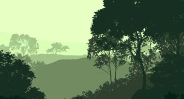 sisli orman ağaçları ile soyut dağlar siluetleri