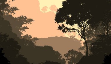 sisli orman ağaçları ile soyut dağlar siluetleri