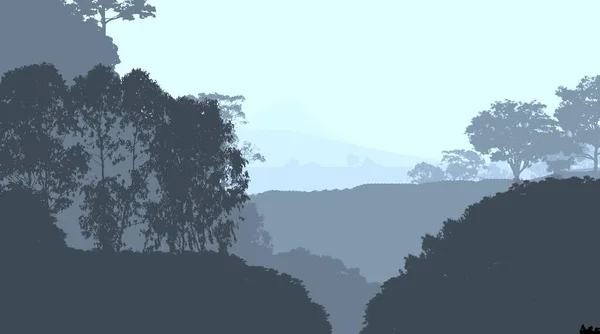 abstract mountains silhouettes with misty woodland trees