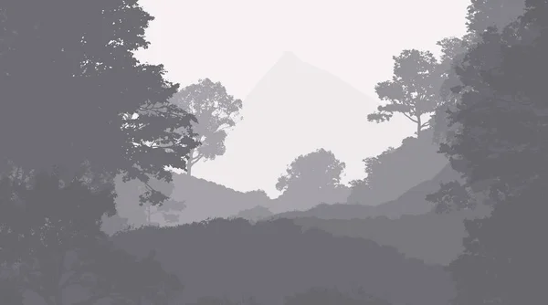 霧の森の木と抽象的な山のシルエット — ストック写真