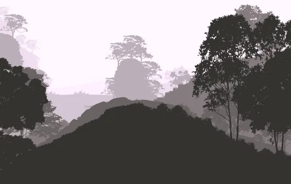Abstracte Bergen Silhouetten Met Mistige Bos Bomen — Stockfoto