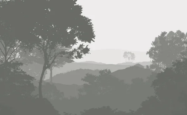 abstract mountains silhouettes with misty woodland trees