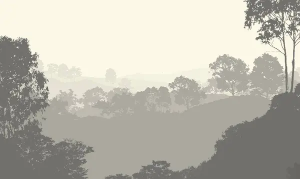 霧の森の木と抽象的な山のシルエット — ストック写真