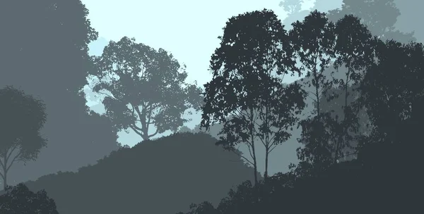 Sisli Orman Ağaçları Ile Soyut Dağlar Siluetleri — Stok fotoğraf