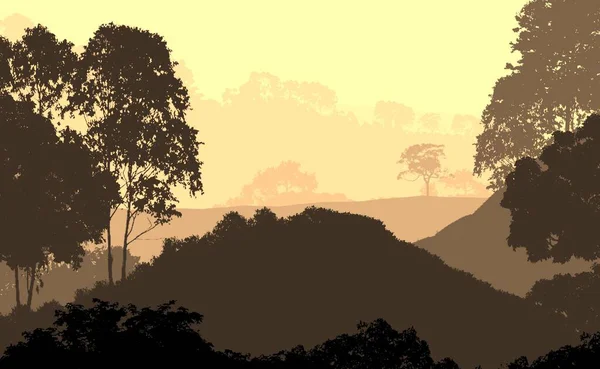 抽象的山剪影与薄雾的林地树木 — 图库照片