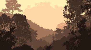 sisli orman ağaçları ile soyut dağlar siluetleri