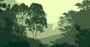sis içinde tepeler ve ağaçlar soyut siluetleri
