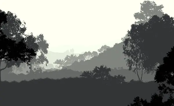 抽象的山剪影与薄雾的林地树木 — 图库照片