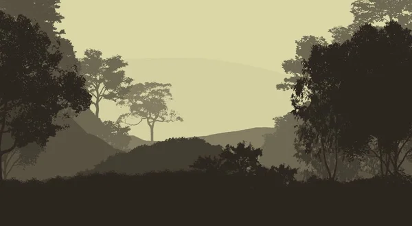 abstract silhouettes of misty hills and trees