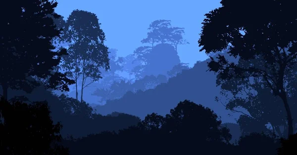 Abstrakte Silhouetten Nebliger Hügel Und Bäume — Stockfoto