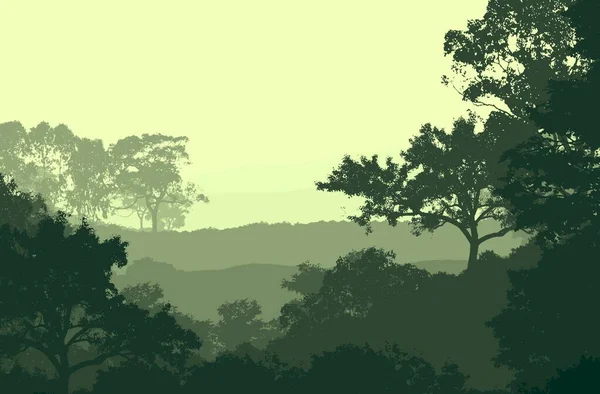 abstract silhouettes of misty hills and trees