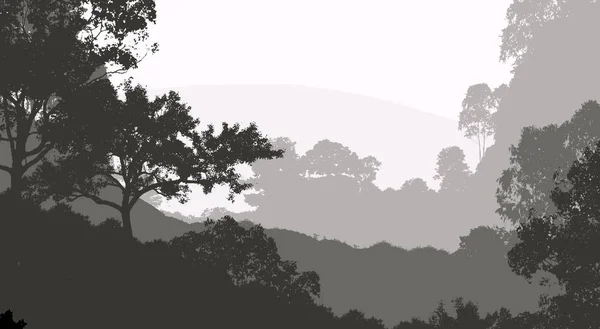 Abstract Silhouettes Misty Hills Trees — Stock Photo, Image