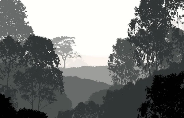 Abstract Silhouettes Misty Hills Trees — Stock Photo, Image