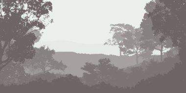 sis içinde tepeler ve ağaçlar soyut siluetleri