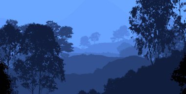 dağların soyut siluetleri ve puslu ve ağaçlar