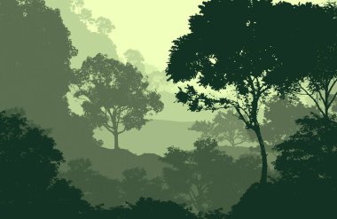 sisli ormanlık ağaçlar siluetleri ile soyut dağlar